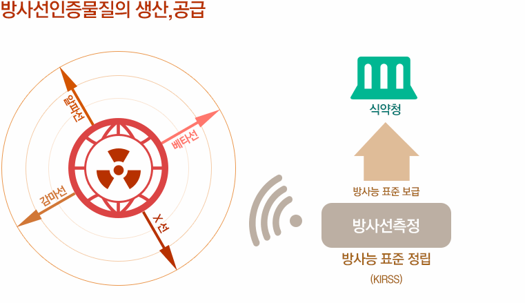 방사선인증물질의 생산, 공급 | 방사선 측정(방사능 표준 정리 KRISS) -> 방사능 표준 보급 -> 식약청 | 다이어그램 : 알파선, 배타선, 감마선, X선