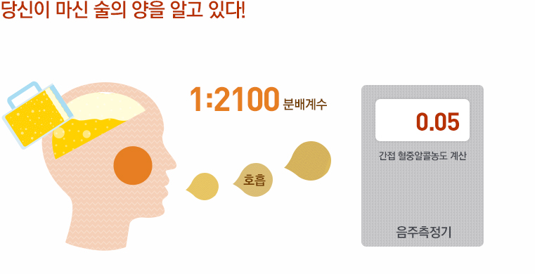 당신이 마신 술의 양을 알고 있다 | 1:2100 분배계수 | 음주측정기가 사람의 호흡을 측정하여 간접 혈중알콜농도 계산 0.05