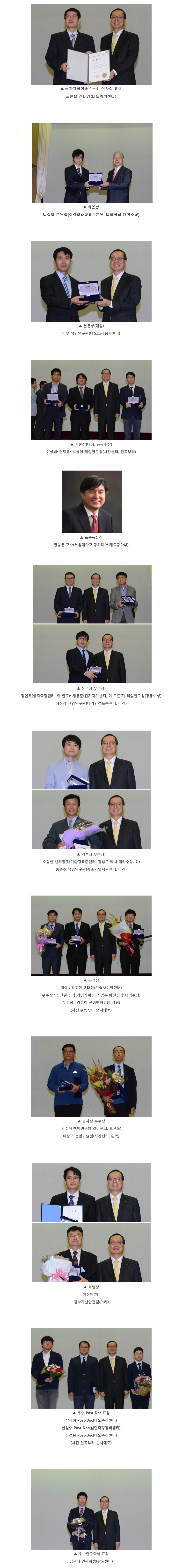 국가과학기술연구회 표창 사진 : 위로부터 ▲ 나노측정센터 조현모 센터장(국가과학기술연구회 이사장 표창) ▲ 삶의질측정표준본부 박상열 본부장(취봉상) ▲ 나노소재평가센터 이우 책임연구원(논문상 대상) ▲ 전기자기센터 채동훈, 양자측정센터 정연욱 책임연구원(공동수상), 대기환경표준센터 정진상 선임연구원(논문상 우수상) ▲ 시간센터 박상언-권택용-이상범 책임연구원(기술상 대상, 공동수상) ▲ 대기환경표준센터 오상협 센터장, 중소기업지원센터 홍승수 책임연구원(기술상 우수상) ▲ 기술사업화센터 강우현 센터장(공적상 대상) ▲ 경영기획팀 김진열 팀장, 인사팀 김동현 선임행정원(공적상 우수상) ▲ 길이센터 강주식 책임연구원, 시간센터 이종구 선임기술원(봉사상 우수상) ▲ 예산팀, 검수자산안전팀(특별상) ▲ 나노측정센터 박재성 Post-Doc, 나노측정센터 문경웅 Post-Doc, 첨단측정장비센터 한철수 Post-Doc(우수 Post-Doc 표창) ▲ 광도센터 김근정 연구학생(우수연구학생 표창) ▲ 황농문 서울대학교 공과대학 재료공학부 교수(표준 동문상)