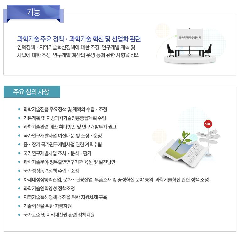 기능 : 과학기술 주요 정책, 과학기술 혁신 및 산업화 관련 인력정책 지역기술혁신정책에 대한 조정, 연구개발 꼐획 및 사업에 대한 조정, 연구개발 예산의 운영 등에 관한 사항을 심의 주요심의사항 : 과학기술진흥 주요정책 및 계획의 수립과 조정, 기본계획 및 지방과학기술진흥종합계획 수립, 과학기술관련 예산 확대방안 및 연구개발투자 권고, 국가연구개발사업 예산배분 및 조정과 운영, 중장기 국가연구개발사업 관련 계획수립, 국가연구개발사업 조사 분석 평가, 과학기술분야 정부출연연구기관 육성 및 발전방안, 국가성장동력정책 수립과조정, 차세대성장동력산업, 문화관광산업, 부품소재 및 공정혁신 분야 등의 과학기술혁신 관련 정책 조정, 과학기술인력양성 정책조정, 지역기술혁신정책 추진을 위한 지원체제 구축, 기술혁신을 위한 자금지원, 국가표준 및 지식재산권 관련 정책지원  