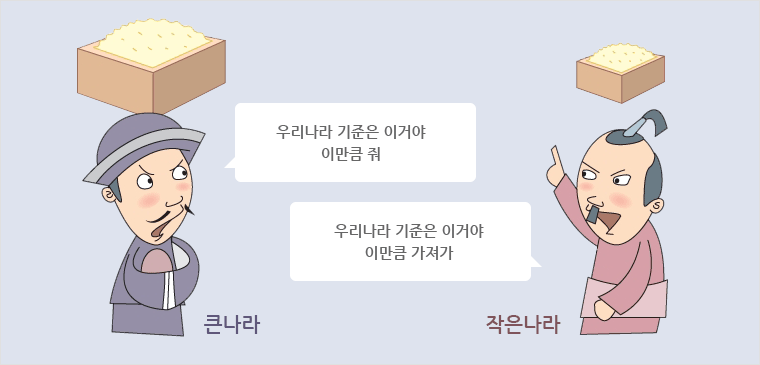 [두 사람이 대화중인 그림] 큰나라 사람 : (커다란 됫바가지) 우리나라 기준은 이거야 이만큼 줘, 작은나라 사람 : (작은 됫박가지) 우리나라 기준은 이거야 이만큼 가져가