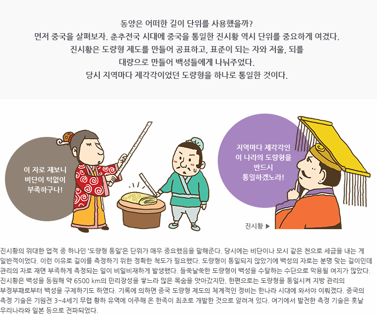 동양은 어떠한 길이 단위를 사용했을까? 먼저 중국을 살펴보자. 춘추전국 시대에 중국을 통일한 진시황 역시 단위를 중요하게 여겼다. 진시황은 도량형 제도를 만들어 공표하고, 표준이 되는 자와 저울, 되를 대량으로 만들어 백성들에게 나눠주었다. 당시 지역마다 제각각이었던 도량형을 하나로 통일한 것이다. / ( 삽화 : 짧은 자를 녹색 평복의 사내 앞에 비단이 놓여 있고, 화려한 의복의 인물이 아주 긴 자를 들고 '이 자로 재보니 비단이 턱없이 부족하구나!'라고 말하고 있고, 진시황이 그 모습을 보며 '지역마다 제각각인 이 나라의 도량형을 반드시 통일하겠노라!'라고 생각하고 있다.) / 진시황의 위대한 업적 중 하나인 ‘도량형 통일’은 단위가 매우 중요했음을 말해준다. 당시에는 비단이나 모시 같은 천으로 세금을 내는 게 일반적이었다. 이런 이유로 길이를 측정하기 위한 정확한 척도가 필요했다. 도량형이 통일되지 않았기에 백성의 자로는 분명 맞는 길이인데 관리의 자로 재면 부족하게 측정되는 일이 비일비재하게 발생했다. 들쑥날쑥한 도량형이 백성을 수탈하는 수단으로 악용될 여지가 많았다. 진시황은 백성을 동원해 약 6500 km의 만리장성을 쌓느라 많은 목숨을 앗아갔지만, 한편으로는 도량형을 통일시켜 지방 관리의 부정부패로부터 백성을 구제하기도 하였다. 기록에 의하면 중국 도량형 제도의 체계적인 정비는 한나라 시대에 와서야 이뤄졌다. 중국의 측정 기술은 기원전 3~4세기 무렵 황하 유역에 이주해 온 한족이 최초로 개발한 것으로 알려져 있다. 여기에서 발전한 측정 기술은 훗날 우리나라와 일본 등으로 전파되었다.