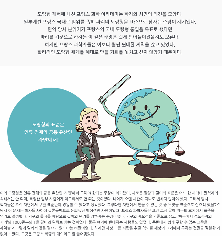 도량형 개혁에 나선 프랑스 과학 아카데미는 학자와 시민의 의견을 모았다. 일부에선 프랑스 국내로 범위를 좁혀 파리의 도량형을 표준으로 삼자는 주장이 제기됐다. 만약 당시 분위기가 프랑스의 국내 도량형 통일을 목표로 했다면 파리를 기준으로 하자는 이 같은 주장은 쉽게 받아들여졌을지도 모른다. 하지만 프랑스 과학자들은 이보다 훨씬 원대한 계획을 갖고 있었다. 합리적인 도량형 체계를 제대로 만들 기회를 놓치고 싶지 않았기 때문이다. / 삽화 (프랑스 과학 아카데미 : 도량형의 표준은 인류 전체의 공통 유산인 &lsquo;자연&rsquo;에서!) / 이에 도량형은 인류 전체의 공통 유산인 &lsquo;자연&rsquo;에서 구해야 한다는 주장이 제기됐다. 새로운 질량과 길이의 표준은 어느 한 시대나 권력자에 속해서는 안 되며, 특정한 일부 사람에게 이로워서도 안 되는 것이었다. 나아가 오랜 시간이 지나도 변하지 않아야 했다. 그래서 당시 학자들은 오직 자연에서 구한 표준만이 영원할 수 있다고 생각했다. 그렇다면 자연에서 얻을 수 있는 것 중 무엇을 표준으로 삼으려 했을까? 당시 이 문제는 학자들 사이에 갑론을박으로 논의됐던 핵심적인 사안이었다. 프랑스 과학자들은 오랜 고심 끝에 지구의 크기에서 표준을 얻기로 결정했다. 지구의 둘레를 바탕으로 길이의 단위를 정하자는 주장이었다. 지구의 자오선을 기준으로 삼고, &lsquo;북극에서 적도까지의 거리&rsquo;의 1000만분의 1을 길이의 단위로 삼는 것이었다. 물론 여기에 반대하는 사람들도 있었다. 주변에서 쉽게 구할 수 있는 표준을 제쳐놓고 그렇게 멀리서 찾을 필요가 있느냐는 비판이었다. 하지만 세상 모든 사람을 위한 척도를 세상의 크기에서 구하는 것만큼 적절한 게 없어 보였다. 그것은 프랑스 혁명의 대의와도 잘 들어맞았다.