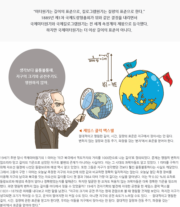 '미터원기는 길이의 표준으로, 킬로그램원기는 질량의 표준으로 한다.' 1889년 제1차 국제도량형총회가 위와 같은 결정을 내리면서 국제미터원기와 국제킬로그램원기는 전 세계 측정계의 제왕으로 등극했다.하지만 국제미터원기는 더 이상 길이의 표준이 아니다. / 삽화 : 제임스 클럭 맥스웰(지구를 관찰하며 '생각보다 울퉁불퉁해. 지구의 크기와 공전주기도 영원하지 않아.' - '절대적이고 영원한 길이, 시간, 질량의 표준은 지구에서 찾아서는 안 된다. 변하지 않는 질량과 진동 주기, 파장을 갖는 &lsquo;분자&rsquo;에서 표준을 얻어야 한다.' / 19세기 후반 당시 국제미터원기의 1 미터는 &lsquo;지구 북극에서 적도까지의 거리를 1000만으로 나눈 길이&rsquo;로 정의되었다. 문제는 영원히 변하지 않으리라 믿고 길이의 기준으로 삼았던 지구도 불변의 존재가 아니라는 사실이다. 이는 그 시대의 과학자들도 알고 있었다. 1 미터를 구하기 위해 자오선 원정에 나섰던 들랑브르와 메생 역시 알고 있었다. 또한 그들은 지구가 생각했던 것보다 훨씬 울퉁불퉁하다는 사실도 깨달았다. 그래서 그들이 구한 1 미터는 오늘날 측정한 지구의 자오선에 의한 값과 비교하면 정확히 일치하지는 않는다. 오늘날 첨단 측정 장비를 이용해 지구의 남극과 북극을 잇는 자오선의 길이를 다시 잰 결과 7864 미터 가량 더 길다는 사실을 알아냈다. 이는 약 0.02 %의 오차로 들랑브르와 메생의 측정이 얼마나 정확했었는지를 말해준다. 하지만 털끝만 한 오차도 허용치 않는 과학자들은 더욱 정확한 기준을 찾으려 했다. 과연 영원히 변하지 않는 길이를 어디에서 찾을 수 있었을까? 19세기 전자기학의 발전에 지대한 공헌을 한 제임스 클럭 맥스웰(1831~1879)은 미래를 내다보고 이런 말을 남겼다. '지구의 크기와 공전 주기는 현재 관점으로 볼 때 영원할 것처럼 보인다. 하지만 지구가 냉각되면 크기가 작아질 수 있고, 운석이 떨어지면 더 커질 수도 있다. 아니면 지구의 공전 속도가 느려질 수도 있다. &hellip; 절대적이고 영원한 길이, 시간, 질량에 관한 표준을 얻고자 한다면, 우리는 이들을 지구에서 찾아서는 안 된다. 절대적인 질량과 진동 주기, 파장을 갖는 &lsquo;분자&rsquo;에서 표준을 얻어야 한다.'