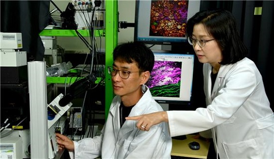 KRISS 나노바이오측정센터 김세화 책임연구원(오른쪽)팀이 비선형광학현미경으로 혈관을 관찰하고 있다.