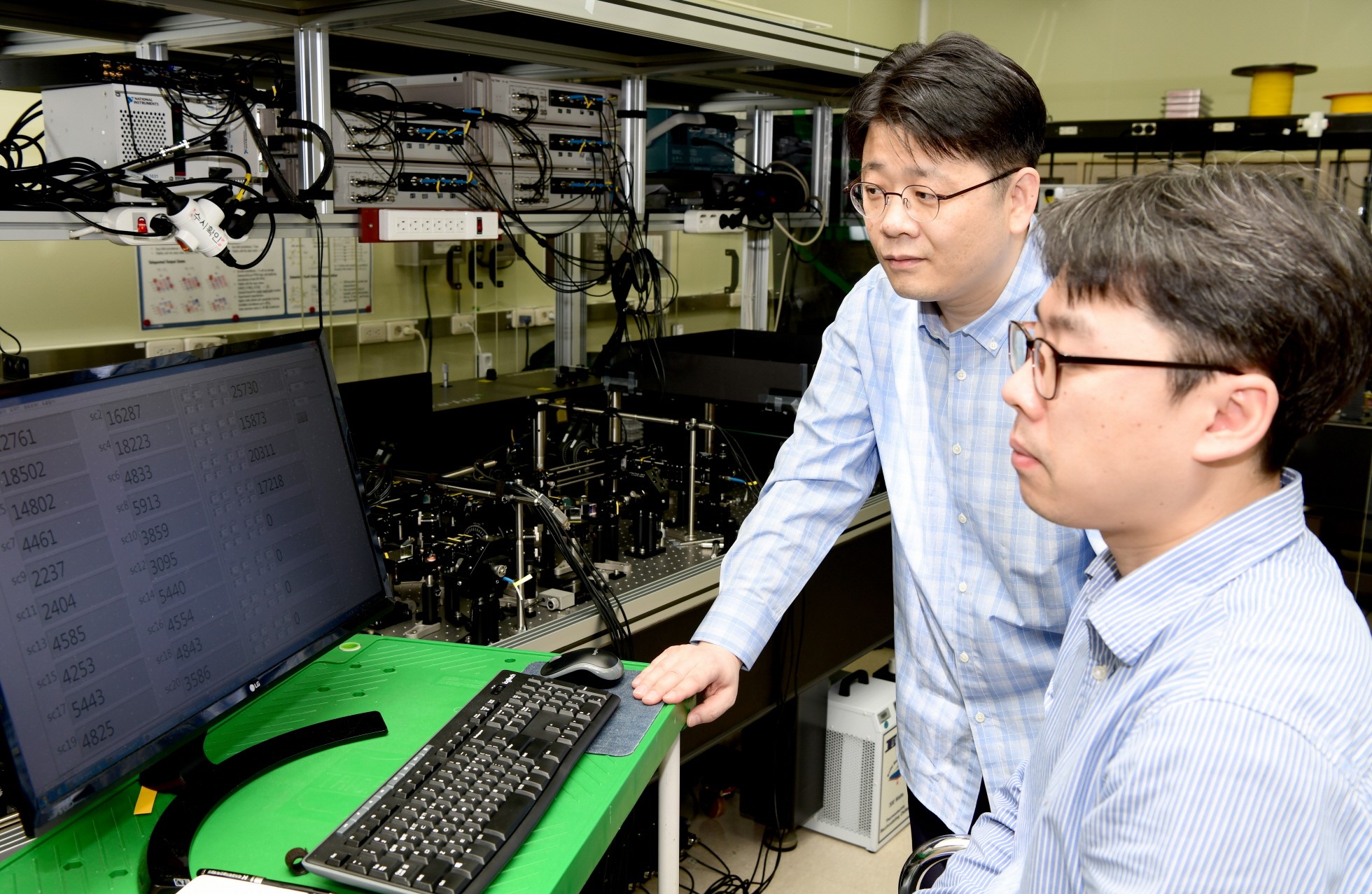 KRISS 양자기술연구소 연구팀이 비밀공유 양자원격전송 실험 결과를 관찰하고 있다.