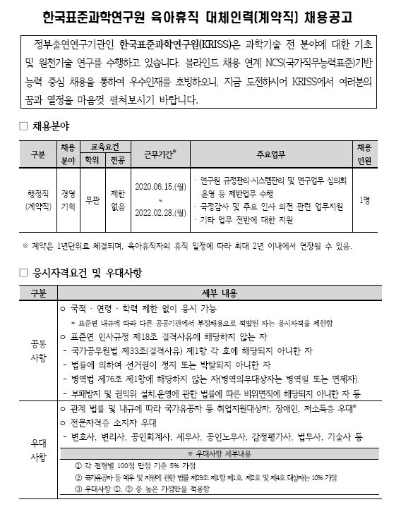 한국표준과학연구원 육아휴직 대체인력(계약직) 채용공고1에 대한 안내입니다. 자세한 내용은 아래의 글을 참조해주세요