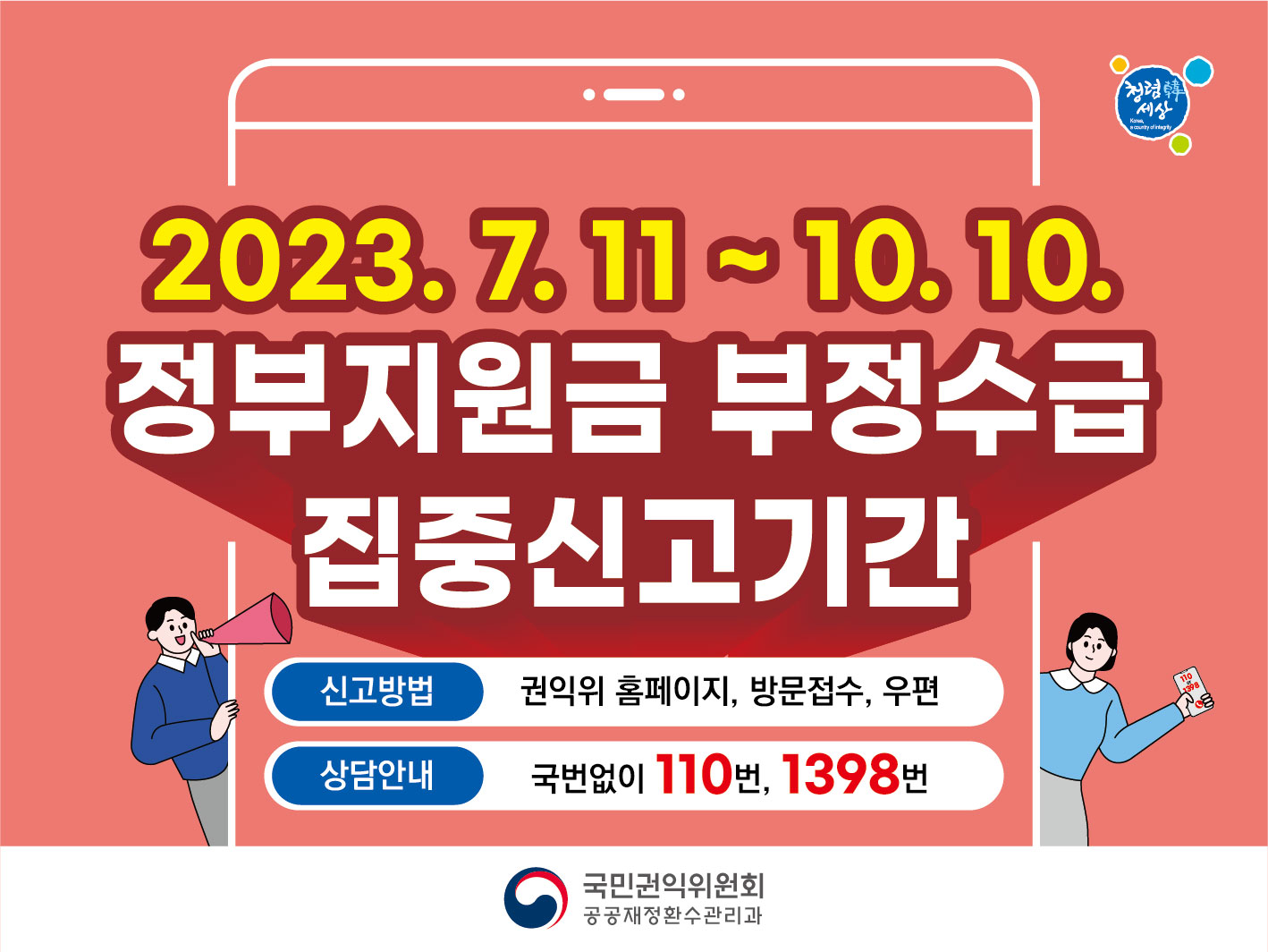 2023.7.11~10.10 정부지원금 부정수급 집중신고기간 신고방법 권익위 홈페이지, 방문접수, 우편 상담안내 국번없이 110번, 1398번 국민권익위원회 공공재정환수관리과