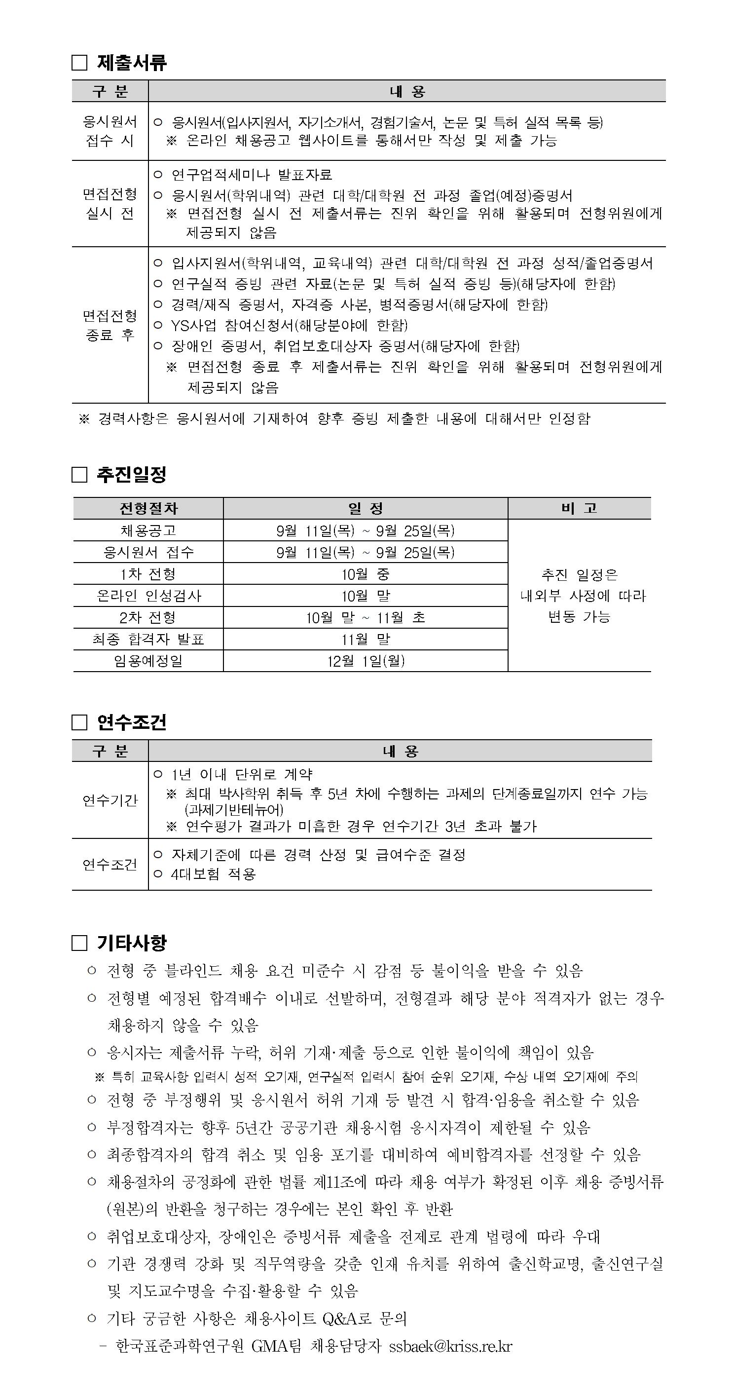 □ 제출서류 구 분 내 용 응시원서 접수 시 ㅇ 응시원서(입사지원서, 자기소개서, 경험기술서, 논문 및 특허 실적 목록 등) ※ 온라인 채용공고 웹사이트를 통해서만 작성 및 제출 가능 면접전형 실시 전 ㅇ 연구업적세미나 발표자료 ㅇ 응시원서(학위내역) 관련 대학/대학원 전 과정 졸업(예정)증명서 ※ 면접전형 실시 전 제출서류는 진위 확인을 위해 활용되며 전형위원에게제공되지 않음 면접전형 종료 후 ㅇ 입사지원서(학위내역, 교육내역) 관련 대학/대학원 전 과정 성적/졸업증명서ㅇ 연구실적 증빙 관련 자료(논문 및 특허 실적 증빙 등)(해당자에 한함) ㅇ 경력/재직 증명서, 자격증 사본, 병적증명서(해당자에 한함) ㅇ YS사업 참여신청서(해당분야에 한함) ㅇ 장애인 증명서, 취업보호대상자 증명서(해당자에 한함) ※ 면접전형 종료 후 제출서류는 진위 확인을 위해 활용되며 전형위원에게제공되지 않음 ※ 경력사항은 응시원서에 기재하여 향후 증빙 제출한 내용에 대해서만 인정함 □ 추진일정 전형절차 일 정 비 고 채용공고 9월 11일(목) ~ 9월 25일(목) 추진 일정은 내외부 사정에 따라변동 가능 응시원서 접수 9월 11일(목) ~ 9월 25일(목) 1차 전형 10월 중 온라인 인성검사 10월 말 2차 전형 10월 말 ~ 11월 초 최종 합격자 발표 11월 말 임용예정일 12월 1일(월) □ 연수조건 구 분 내 용 연수기간 ㅇ 1년 이내 단위로 계약 ※ 최대 박사학위 취득 후 5년 차에 수행하는 과제의 단계종료일까지 연수 가능(과제기반테뉴어) ※ 연수평가 결과가 미흡한 경우 연수기간 3년 초과 불가 연수조건 ㅇ 자체기준에 따른 경력 산정 및 급여수준 결정 ㅇ 4대보험 적용 □ 기타사항 ㅇ 전형 중 블라인드 채용 요건 미준수 시 감점 등 불이익을 받을 수 있음 ㅇ 전형별 예정된 합격배수 이내로 선발하며, 전형결과 해당 분야 적격자가 없는 경우채용하지 않을 수 있음 ㅇ 응시자는 제출서류 누락, 허위 기재?제출 등으로 인한 불이익에 책임이 있음 ※ 특히 교육사항 입력시 성적 오기재, 연구실적 입력시 참여 순위 오기재, 수상 내역 오기재에 주의 ㅇ 전형 중 부정행위 및 응시원서 허위 기재 등 발견 시 합격&middot;임용을 취소할 수 있음ㅇ 부정합격자는 향후 5년간 공공기관 채용시험 응시자격이 제한될 수 있음 ㅇ 최종합격자의 합격 취소 및 임용 포기를 대비하여 예비합격자를 선정할 수 있음ㅇ 채용절차의 공정화에 관한 법률 제11조에 따라 채용 여부가 확정된 이후 채용 증빙서류(원본)의 반환을 청구하는 경우에는 본인 확인 후 반환 ㅇ 취업보호대상자, 장애인은 증빙서류 제출을 전제로 관계 법령에 따라 우대  ㅇ 기관 경쟁력 강화 및 직무역량을 갖춘 인재 유치를 위하여 출신학교명, 출신연구실및 지도교수명을 수집&middot;활용할 수 있음 ㅇ 기타 궁금한 사항은 채용사이트 Q&A로 문의 - 한국표준과학연구원 GMA팀 채용담당자 ssbaek@kriss.re.kr