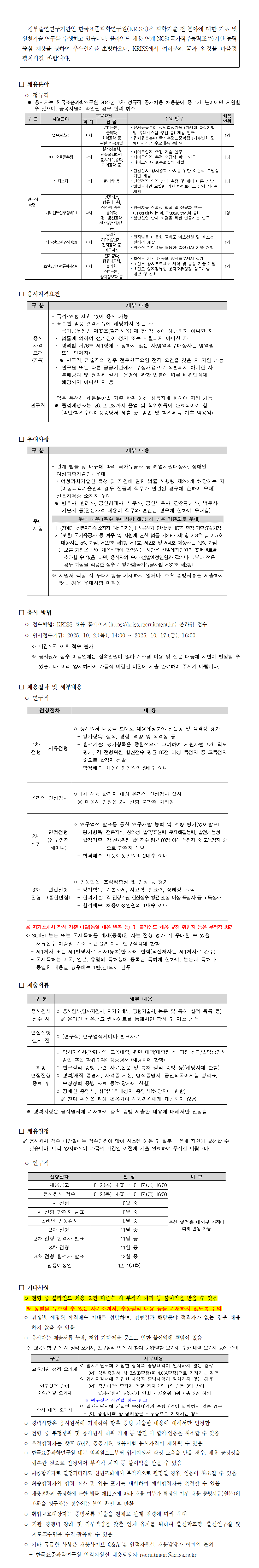 정부출연연구기관인 한국표준과학연구원(KRISS)은 과학기술 전 분야에 대한 기초 및 원천기술 연구를 수행하고 있으며, 능력 중심의 블라인드 채용을 통해 우수 인재를 모집하고 있음을 안내하는 공고문이다. 본문에는 'KRISS에서 여러분의 꿈과 열정을 마음껏 펼치시길 바랍니다'라는 문구가 포함되어 있다.[채용분야 안내]정규직으로 총 6명의 연구직을 모집하며, 응시자는 2025년 2차 정규직 공개채용 중 1개 분야에만 지원할 수 있고, 중복지원 시 합격이 취소된다는 유의사항이 기재되어 있다.표 제목: 연구직(6명)표는 &lsquo;구분, 채용분야, 학위, 전공, 주요 업무, 채용인원&rsquo; 6개 열로 구성되어 있다.1행구분: 연구직채용분야: 열유체측정학위: 박사전공: 물리학, 화학공학 등 관련 이공계열주요업무: 유체유동분야 정밀측정기술(차세대 측정기법 및 유체시스템 구현 등) 개발 연구, 유체유동분야 국가측정표준확립(기후변화 및 에너지산업 주요대응 등) 연구채용인원: 1명2행채용분야: 바이오물질측정학위: 박사전공: 생물물리화학, 분석과학, 기계공학 등주요업무: 바이오입자 측정 기술 연구, 바이오입자 측정 소급성 확보 연구, 바이오입자 표준물질 개발채용인원: 1명3행채용분야: 양자소자학위: 박사전공: 물리학 등주요업무: 단일전자 양자과학 소자를 위한 이론적 모델링 기법 개발, 단일전자 양자 상태 측정 및 제어 이론 개발, 해밀토니안 모델링 기반 하이브리드 양자 시스템 개발채용인원: 1명4행채용분야: 미래선도연구정책(1)학위: 박사전공: 인공지능, 컴퓨터과학, 전산학, 통계학, 정보통신공학, 전기전자공학 등주요업무: 인공지능 신뢰성 향상 및 정합성 연구(Uncertainty in AI, Trustworthy AI 등), 첨단산업 난제 해결을 위한 인공지능 연구채용인원: 1명5행채용분야: 미래선도연구정책(2)학위: 박사전공: 물리화학, 기계/광/전자공학 등 이공계열주요업무: 전자빔을 이용한 초분해 엑스선원 및 엑스선 현미경 개발, 엑스선 현미경을 활용한 측정장치 기술 개발채용인원: 1명6행채용분야: 초전도양자컴퓨팅시스템학위: 박사전공: 전자공학, 컴퓨터공학, 물리학, 전기공학, 양자정보공학 등주요업무: 초전도 기반 대규모 양자프로세서 설계, 초전도 양자프로세서 제작 및 공정 기술 개발, 초전도 양자컴퓨팅 양자오류정정 알고리즘 개발 및 실험채용인원: 1명총 6개 분야, 각 1명씩 총 6명의 연구직 채용 계획이 안내되어 있다.응시자격요건 표는 &lsquo;구분&rsquo;과 &lsquo;세부 내용&rsquo; 2개 열로 구성되어 있으며, 구분은 &lsquo;응시자격요건(공통)&rsquo;과 &lsquo;연구직&rsquo;으로 나뉜다.1행구분: 응시자격요건(공통)세부 내용:&bull; 국적과 연령의 제한 없이 응시 가능함.&bull; 표준연 임용 결격사유에 해당하지 않는 자.&bull; 국가공무원법 제33조(결격사유) 제1항 각 호에 해당되지 아니한 자.&bull; 법률에 의하여 선거권이 정지 또는 박탈되지 아니한 자.&bull; 병역법 제76조 제1항에 해당하지 않는 자(병역의무대상자는 병역필 또는 면제자).※ 연구직, 기술직의 경우 전문연구요원 전직 요건을 갖춘 자 지원 가능.※ 연구원 또는 다른 공공기관에서 부정채용으로 적발되지 아니한 자.※ 부패방지 및 권익위 설치&middot;운영에 관한 법률에 따른 비위면직에 해당되지 아니한 자.2행구분: 연구직세부 내용:&bull; 업무 특성상 채용분야별 기준 학위 이상 취득자에 한하여 지원 가능함.&bull; 졸업예정자는 2026년 2월 28일까지 졸업 및 학위취득이 완료되어야 함.(졸업&middot;학위수여예정증명서 제출 필수, 졸업 및 학위취득 이후 임용됨).■ 우대사항표 제목: 우대사항표는 &lsquo;구분&rsquo;과 &lsquo;세부 내용&rsquo; 2개 열로 구성되어 있으며, 구분은 &lsquo;우대사항&rsquo;으로 표기되어 있다.관계 법률 및 내규에 따라 국가유공자 등 취업지원대상자, 장애인, 여성과학기술인 우대여성과학기술인 육성 및 지원에 관한 법률 시행령 제2조에 해당하는 자 우대(여성과학기술인의 경우 전공과 직무가 연관된 경우에 한하여 우대)전문자격증 소지자 우대(변호사, 변리사, 공인회계사, 세무사, 공인노무사, 감정평가사, 법무사, 기술사 등 전문자격 내용이 직무와 연관된 경우에 한하여 우대)※ 우대 내용(복수 우대사항 해당 시 높은 기준으로 우대)장애인, 전문자격증 소지자, 여성과학기술인의 경우 서류전형 및 면접전형에서 만점 기준의 5% 가점 부여국가유공자 등 예우 및 지원에 관한 법률 제29조 제1항 제3호 및 제5호 대상자는 5% 가점, 제2항 제1호&middot;제2호&middot;제4호 대상자는 10% 가점 부여보호 가점을 받아 최종시험에 합격한 사람은 선발예정인원의 30%를 초과할 수 없음. 단, 응시자의 수가 선발예정인원과 같거나 적은 경우 가점은 적용되지 않음(국가유공자법 제31조 제3항).지원서 작성 시 우대사항을 기재하지 않거나, 추후 증빙서류를 제출하지 않은 경우 우대사항 미적용.■ 응시 방법접수방법: KRISS 채용 홈페이지(https://kriss.recruitment.kr)를 통한 온라인 접수원서접수기간: 2025년 10월 2일(목) 14:00부터 2025년 10월 17일(금) 16:00까지※ 마감시간 이후 접수 불가※ 응시원서 접수 마감일에는 접속 인원이 많아 시스템 지연 및 장애가 발생할 수 있으므로, 가능한 마감일 이전에 제출 완료 요망.■ 연구직 채용절차표 제목: 전형절차 및 내용표는 &lsquo;전형절차&rsquo;와 &lsquo;내용&rsquo; 2개 열로 구성되어 있다.1행전형절차: 1차 전형(서류전형)내용:&bull; 응시원서 내용을 토대로 채용예정분야 전문성 및 적격성 평가&bull; 평가항목: 실적, 경험, 역량 및 적격성 등&bull; 평가기준: 평가항목을 종합적으로 고려하여 지원자별 5배수 이내에서 선발, 각 전형위원 합산점수 평균 80점 이상 득점자 중 고득점자 순으로 합격자 선정&bull; 합격배수: 채용예정인원의 5배수 이내2행전형절차: 온라인 인성검사내용:&bull; 1차 전형 합격자 대상 온라인 인성검사 실시&bull; 미응시 인원은 2차 전형 불합격 처리됨3행전형절차: 2차 전형(면접전형, 연구역량 세미나)내용:&bull; 연구역 발표를 통한 연구개발 능력 및 역량 평가(영어발표 포함)&bull; 평가항목: 전문지식, 창의성, 발표&middot;표현력, 문제해결능력, 발전가능성&bull; 평가기준: 각 전형위원 합산점수 평균 80점 이상 득점자 중 고득점자 순으로 합격자 선발&bull; 합격배수: 채용예정인원의 2배수 이내4행전형절차: 3차 전형(면접전형, 종합면접)내용:&bull; 인성검사, 조직적합성 및 인성 등을 평가&bull; 평가항목: 기본자세, 사고력, 발표력, 잠재력, 지식 등&bull; 평가기준: 각 전형위원 합산점수 평균 80점 이상 득점자 중 고득점자 순으로 합격자 선발&bull; 합격배수: 채용예정인원의 1배수 이내[유의사항]자기소개서 작성 기준 미달(동일 내용 반복 등) 및 블라인드 채용 위반 시 부적격 처리됨.SCI급 논문 또는 국제특허를 게재(등록)한 자는 전형 평가 시 우대 가능.서류접수 마감일 기준 최근 3년 이내 연구실적에 한함.제1저자 또는 책임저자로 게재(등록)한 경우에만 실적 인정, 공동저자는 제외됨.국제특허는 동일 출원번호로 여러 나라에 등록된 경우 1건으로 간주됨.■ 제출서류표 제목: 제출서류표는 &lsquo;구분&rsquo;과 &lsquo;세부 내용&rsquo; 2개 열로 구성되어 있다.1행구분: 응시원서 접수 시세부 내용:&bull; 응시원서(입사지원서, 자기소개서, 경력기술서, 논문 및 특허 실적 목록 등)&bull; 온라인 채용공고 웹사이트를 통해서만 작성 및 제출 가능2행구분: 면접전형 실시 전세부 내용: (연구직) 연구업적세미나 발표자료 제출3행구분: 최종 면접전형 종료 후세부 내용:&bull; 입사지원서(학위내역, 교육내역) 관련 대학/대학원 전 과정 성적&middot;졸업증명서 제출&bull; 졸업 혹은 학위수여예정증명서(해당자에 한함)&bull; 연구실적 증빙 관련 자료(논문 및 특허 실적 증빙 등, 해당자에 한함)&bull; 경력/재직 증명서, 자격증 사본, 병적증명서, 공인외국어시험 성적표, 수상경력 증빙 자료 등(해당자에 한함)&bull; 장애인 증명서, 취업보호대상자 증명서(해당자에 한함)※ 진위 확인을 위해 활용되며, 전형위원에게 제공되지 않음※ 경력사항은 응시원서에 기재해야 하며, 향후 증빙서류 제출한 내용만 인정됨.■ 채용일정접수 마감일에는 접속 인원이 많아 시스템 이용 및 질문 대응에 지연이 발생할 수 있으므로, 가능한 마감일 이전에 제출 완료 요망.표 제목: 연구직 채용일정표는 &lsquo;전형절차, 일정, 비고&rsquo; 3개 열로 구성되어 있다.1행전형절차: 채용공고일정: 10월 2일(목) 14:00 ~ 10월 17일(금) 16:00비고: 없음2행전형절차: 응시원서 접수일정: 10월 2일(목) 14:00 ~ 10월 17일(금) 16:00비고: 없음3행전형절차: 1차 전형일정: 10월 중비고: 없음4행전형절차: 1차 전형 합격자 발표일정: 10월 중비고: 없음5행전형절차: 온라인 인성검사일정: 10월 중비고: 없음6행전형절차: 2차 전형일정: 11월 중비고: 없음7행전형절차: 2차 전형 합격자 발표일정: 11월 중비고: 없음8행전형절차: 3차 전형일정: 11월 중비고: 없음9행전형절차: 3차 전형 합격자 발표일정: 12월 중비고: 없음10행전형절차: 임용예정일일정: 12월 16일(화)비고: 추진 일정은 내외부 사정에 따라 변동 가능■ 주요 유의사항진행 중 블라인드 채용 요건 미준수 시 부적격 처리 및 불이익을 받을 수 있음.성별을 유추할 수 있는 자기소개서, 수상실적 내용 등을 기재하지 않도록 주의.전형별 합격배수 이내로 선발하며, 적격자가 없을 경우 채용하지 않을 수 있음.응시자는 제출서류 누락, 허위 기재, 지연 제출 등으로 인한 불이익에 책임이 있음.[표 제목: 교육사항 입력 시 성적 오기재, 연구실적 입력 시 순위/역할 오기재, 수상 내역 오기재 등 주의]표는 &lsquo;구분&rsquo;과 &lsquo;세부내용&rsquo; 2개 열로 구성되어 있다.1행구분: 교육사항 성적 오기재세부내용:&bull; 입사지원서에 기입한 성적과 증빙내역이 일치하지 않는 경우&bull; 예: 성적점수 3.5(5.0환산)을 4.0(4.5환산)으로 잘못 입력한 경우2행구분: 연구실적 참여 순위/역할 오기재세부내용:&bull; 입사지원서에 기입한 연구실적 참여 순위/역할과 증빙내역이 일치하지 않는 경우&bull; 예: 증빙내역에 제3저자로 되어 있으나 지원서에는 제1저자로 기재한 경우3행구분: 수상 내역 오기재세부내용:&bull; 입사지원서에 기입한 수상 내역과 증빙내역이 일치하지 않는 경우&bull; 예: 증빙내역 상 장려상을 우수상으로 기재한 경우※ 증빙서류와 일치하지 않는 정보는 허위 기재로 간주될 수 있음.■ 기타 안내사항경력사항은 응시원서에 기재하고 향후 증빙 제출한 내용만 인정.전형 중 부정행위, 허위 기재, 서류 위조 등이 발견될 경우 합격 및 임용 취소.부정합격자는 향후 5년간 공공기관 채용시험 응시자격 제한 가능.내부 임직원으로부터 입사지원서 작성 도움을 받은 경우 부정행위로 간주되어 불이익을 받을 수 있음.최종합격자는 신원조회 결과 이상이 없을 경우에만 임용.임용 후라도 결격사유 발견 시 합격이 취소될 수 있음.채용절차법 제11조에 따라 채용서류 반환 가능(본인 확인 후 요청 시).취업보호대상자는 증빙서류 제출 시 관계 법령에 따라 우대.기관 경쟁력 강화를 위해 출신학교, 졸업연구실, 지도교수명 등은 심사에 반영되지 않음.기타 문의는 한국표준과학연구원 인적자원실 채용담당자에게 이메일(recruitment@kriss.re.kr)로 문의 가능.